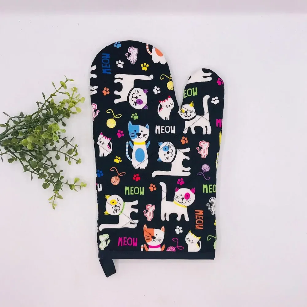 Oven Mitt: Colorful Cats Meow on Black Baking Mitt Gift Cottage